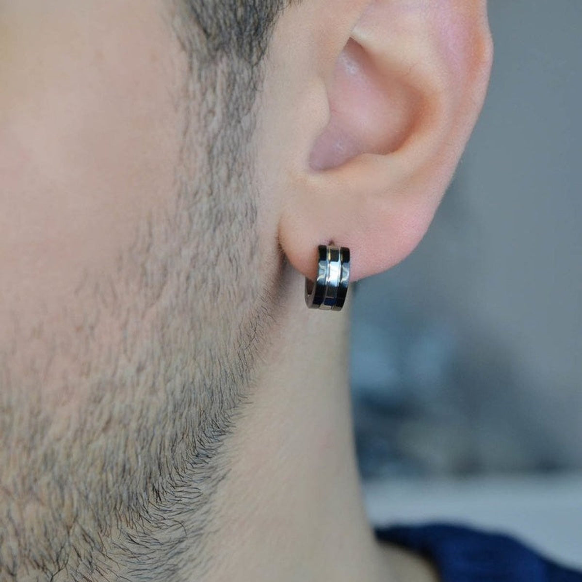 Stainless Steel Men's Huggie Hoop Earring, Antique Style, Single