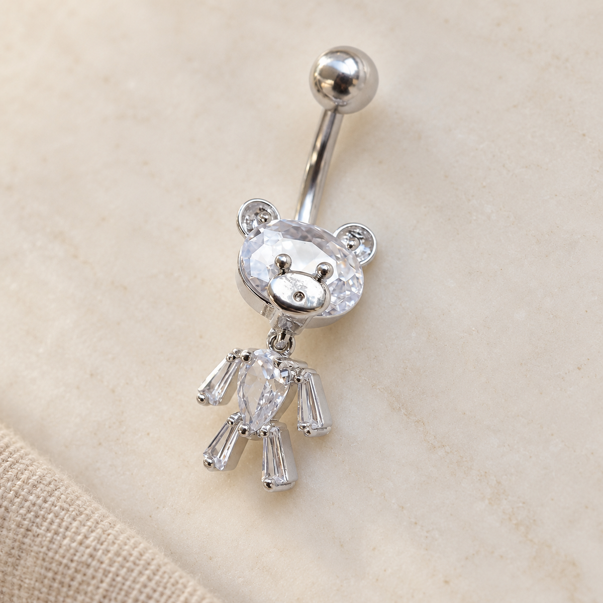 Teddy Bear Belly Bar, 14G, 10mm, Gold or Silver, 316L Stainless Steel, Single
