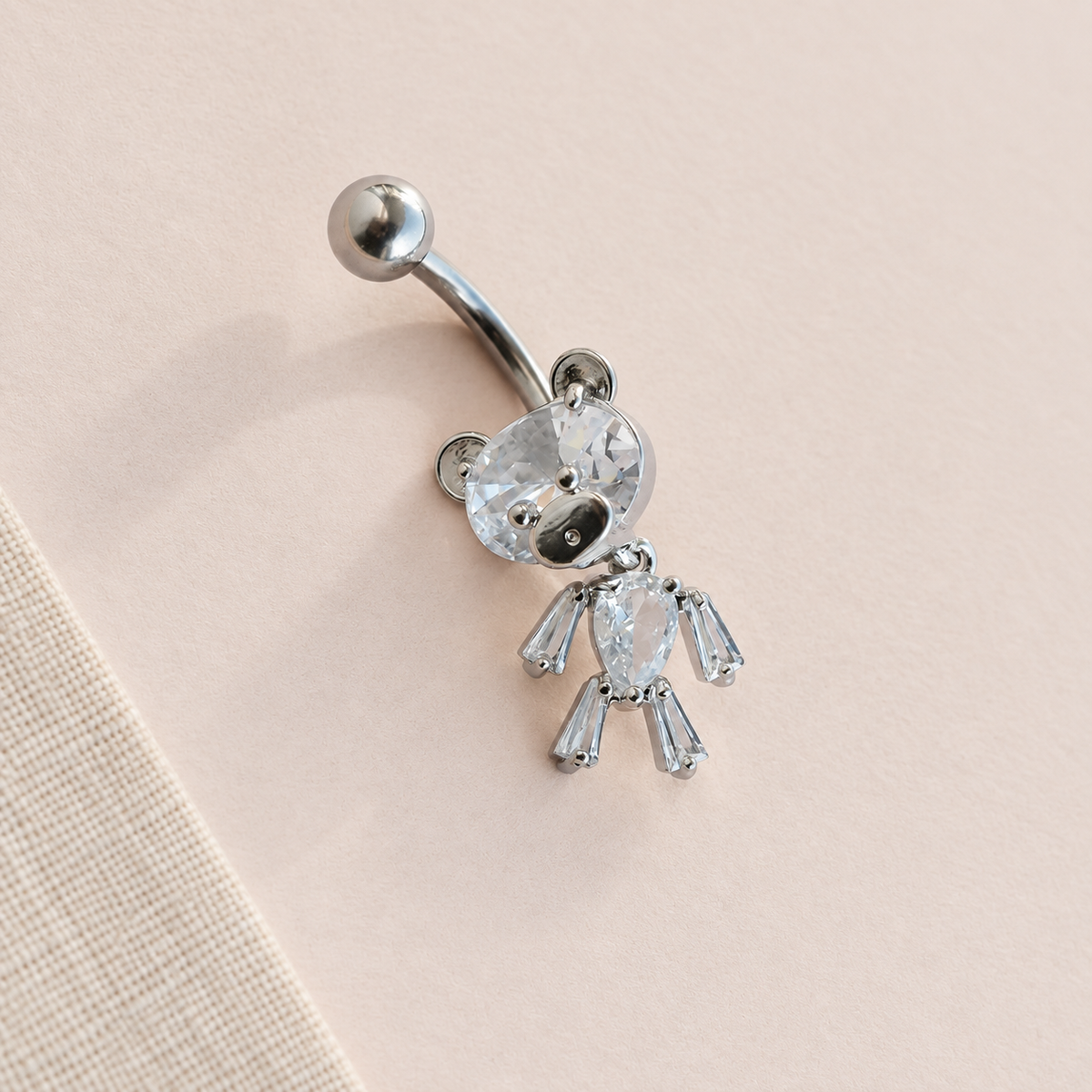 Teddy Bear Belly Bar, 14G, 10mm, Gold or Silver, 316L Stainless Steel, Single