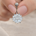 Flower Belly Bar, 14G, 10mm, Gold, Silver or Silver With Purple Flowers, 316L Stainless Steel, Single