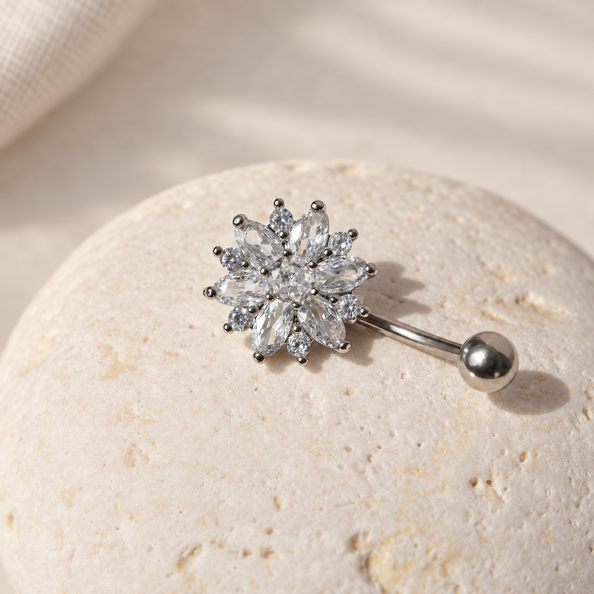Flower Belly Bar, 14G, 10mm, Gold, Silver or Silver With Purple Flowers, 316L Stainless Steel, Single