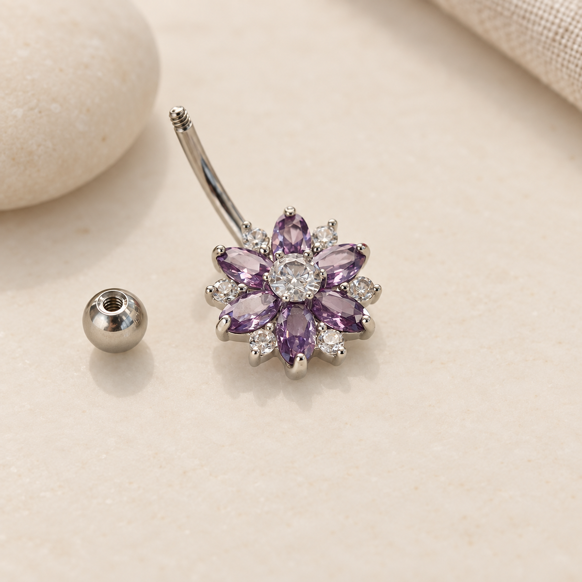 Flower Belly Bar, 14G, 10mm, Gold, Silver or Silver With Purple Flowers, 316L Stainless Steel, Single