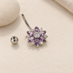 Flower Belly Bar, 14G, 10mm, Gold, Silver or Silver With Purple Flowers, 316L Stainless Steel, Single