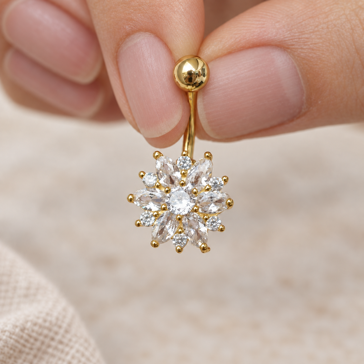 Flower Belly Bar, 14G, 10mm, Gold, Silver or Silver With Purple Flowers, 316L Stainless Steel, Single
