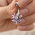 Flower Belly Bar, 14G, 10mm, Gold, Silver or Silver With Purple Flowers, 316L Stainless Steel, Single
