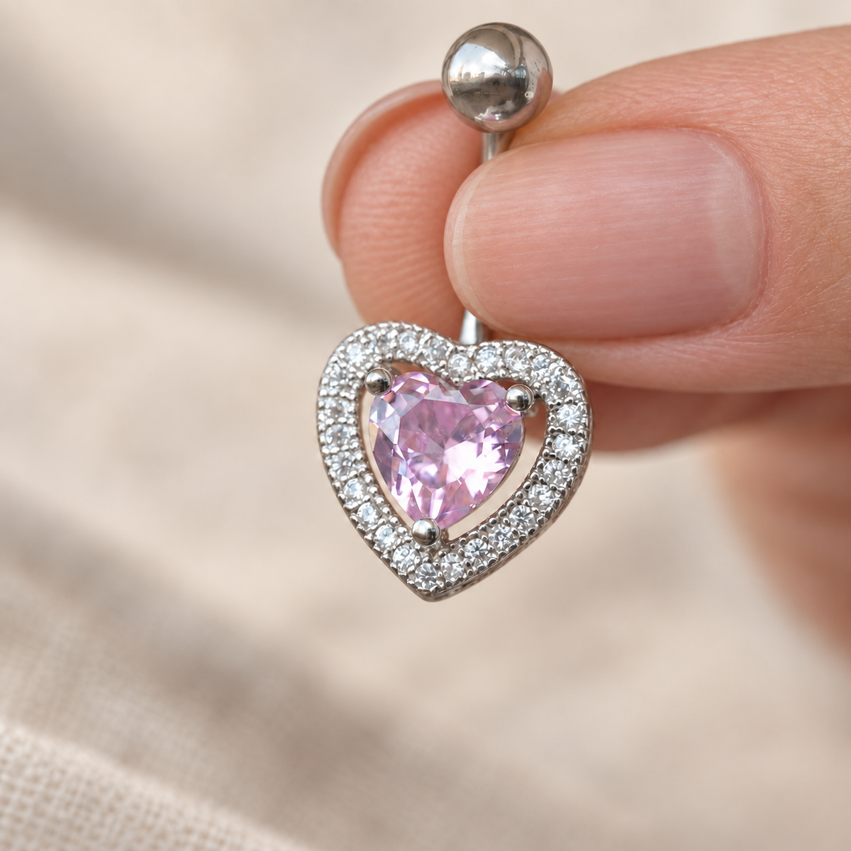 Heart Belly Bar, 14G, 10mm, Pink, 316L Stainless Steel, Single