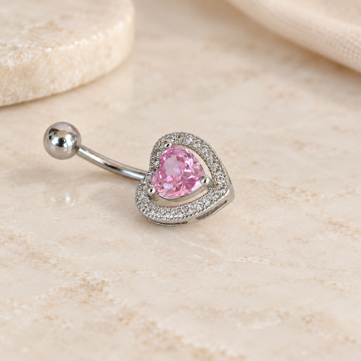 Heart Belly Bar, 14G, 10mm, Pink, 316L Stainless Steel, Single