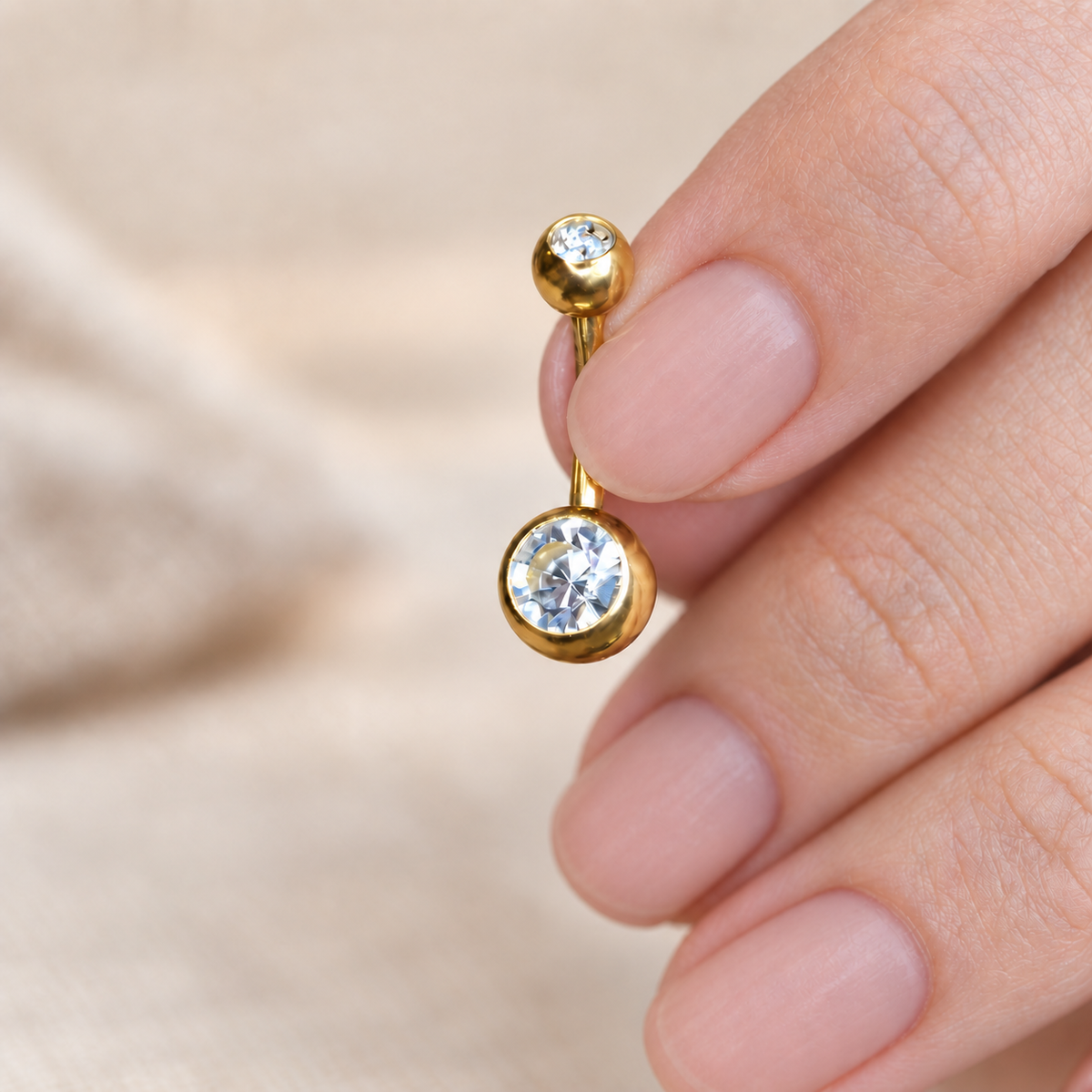 Zircon Belly Bar, 14G, 10mm, Gold, Silver or Black, 316L Stainless Steel, Single