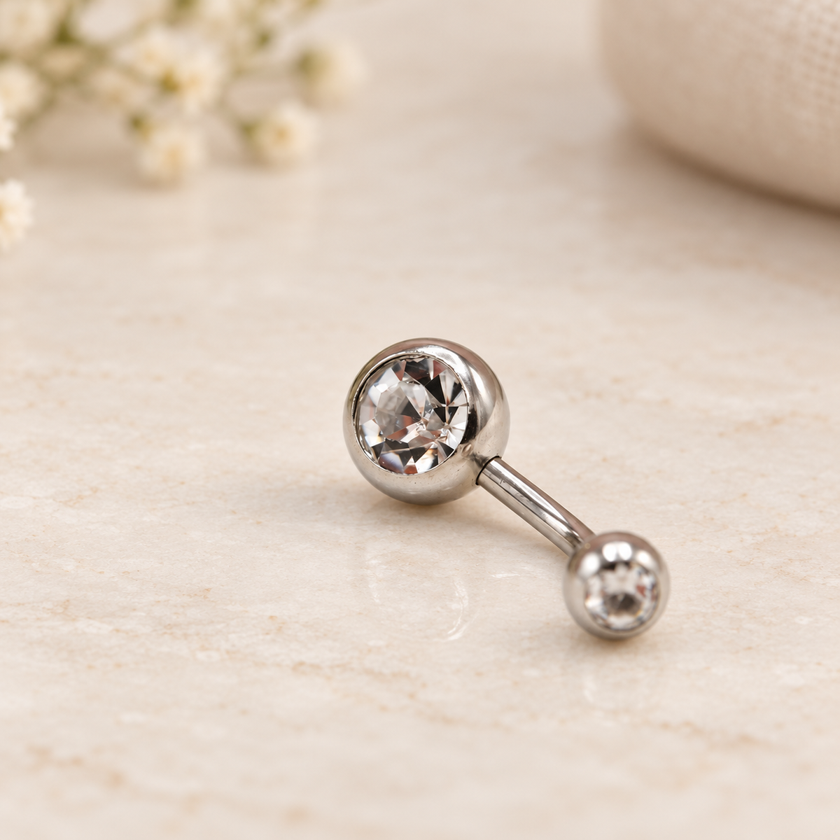 Zircon Belly Bar, 14G, 10mm, Gold, Silver or Black, 316L Stainless Steel, Single