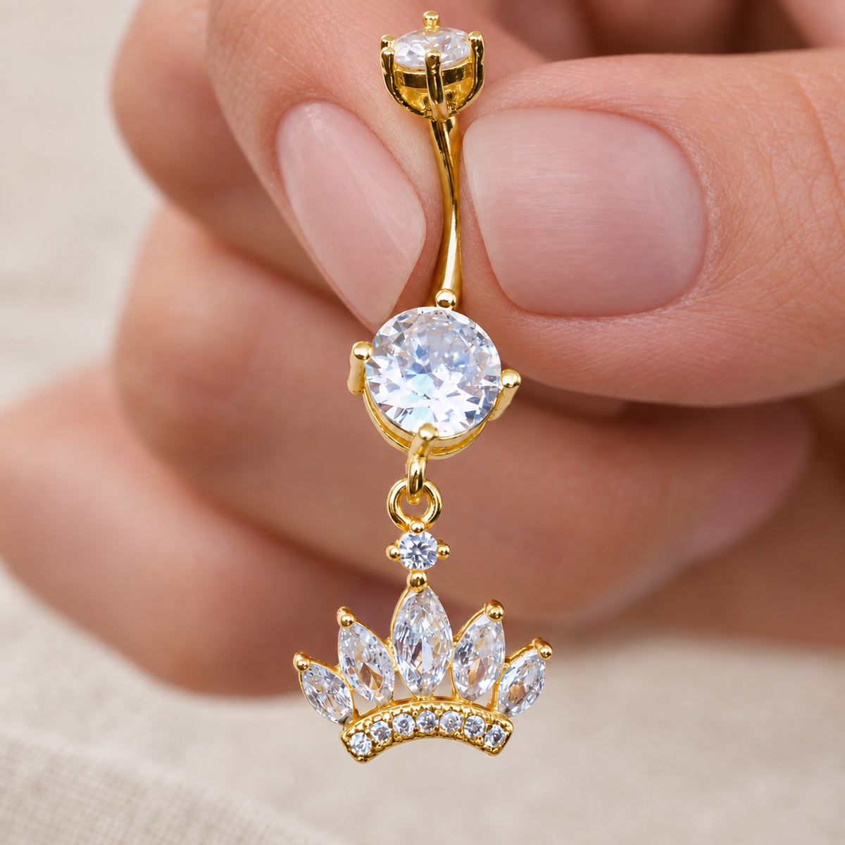 Princess Crown Zircon Belly Bar, 14G, 12mm, Gold or Silver, Single