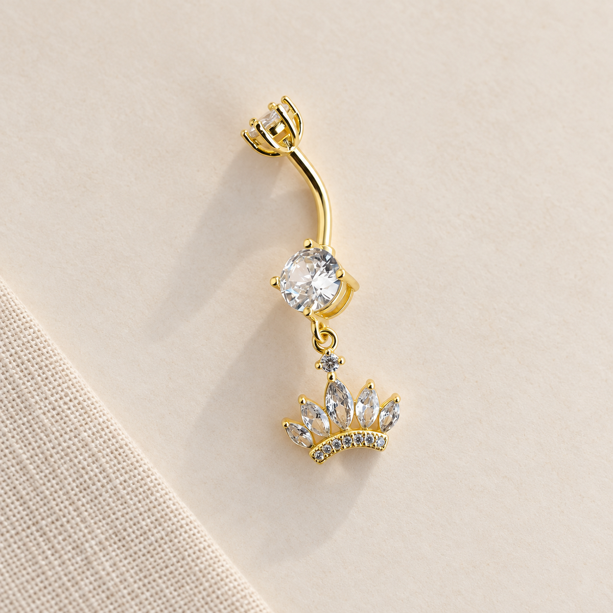 Princess Crown Zircon Belly Bar, 14G, 12mm, Gold or Silver, Single