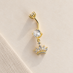 Princess Crown Zircon Belly Bar, 14G, 12mm, Gold or Silver, Single