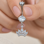 Princess Crown Zircon Belly Bar, 14G, 12mm, Gold or Silver, Single