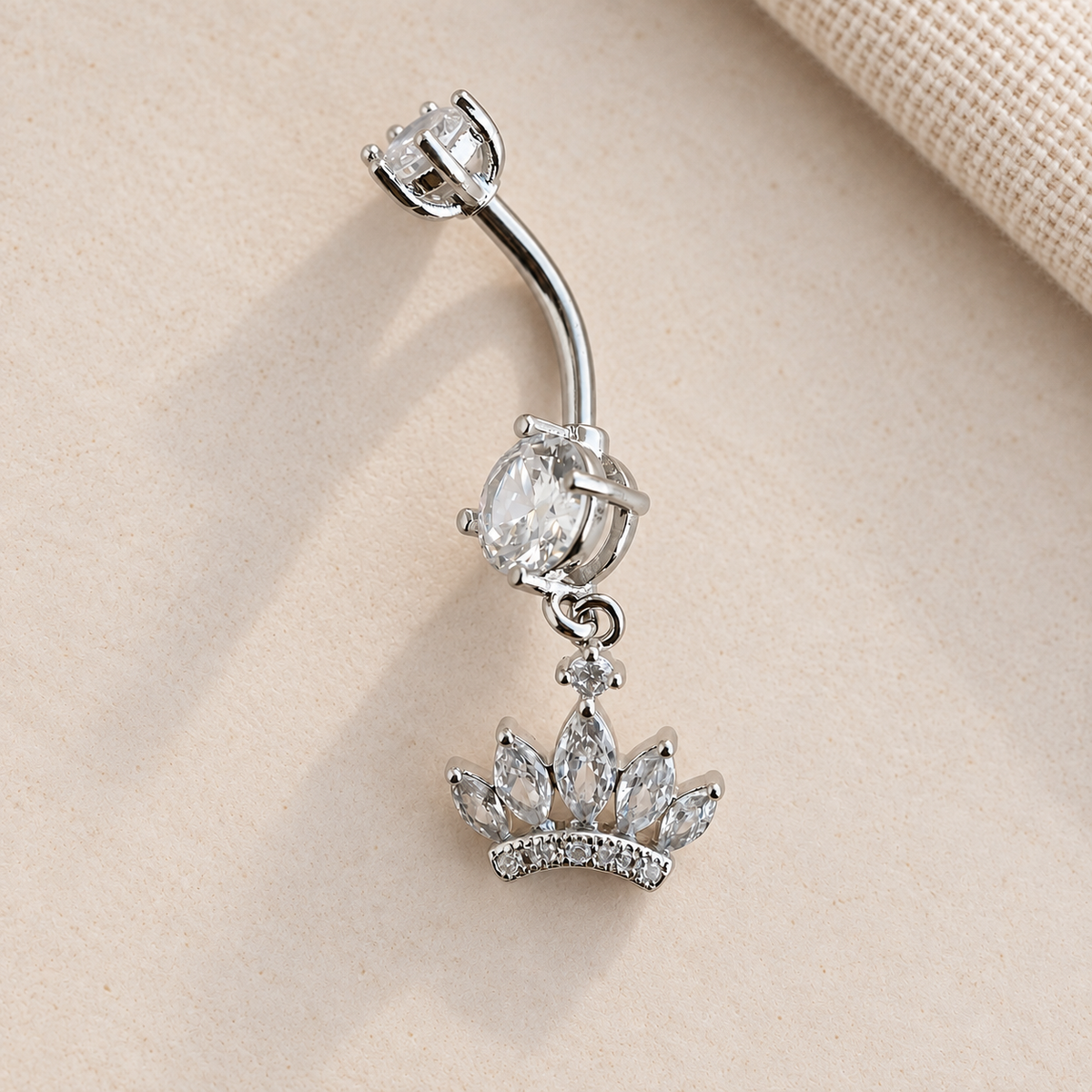 Princess Crown Zircon Belly Bar, 14G, 12mm, Gold or Silver, Single