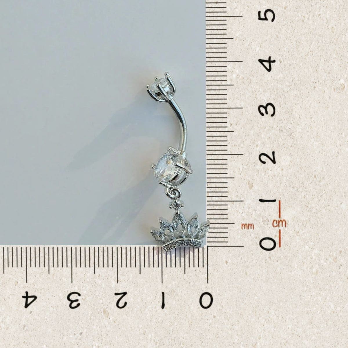 Princess Crown Zircon Belly Bar, 14G, 12mm, Gold or Silver, Single