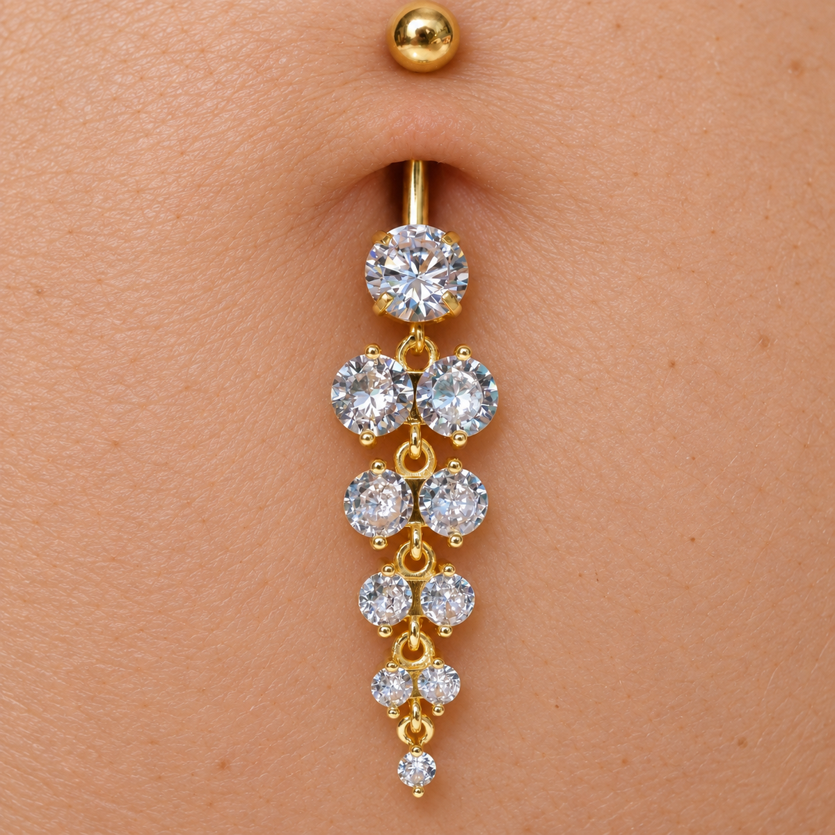 Zircon Solitaire Belly Bar, 14G, 12mm, Gold or Silver, 316L Stainless Steel, Single