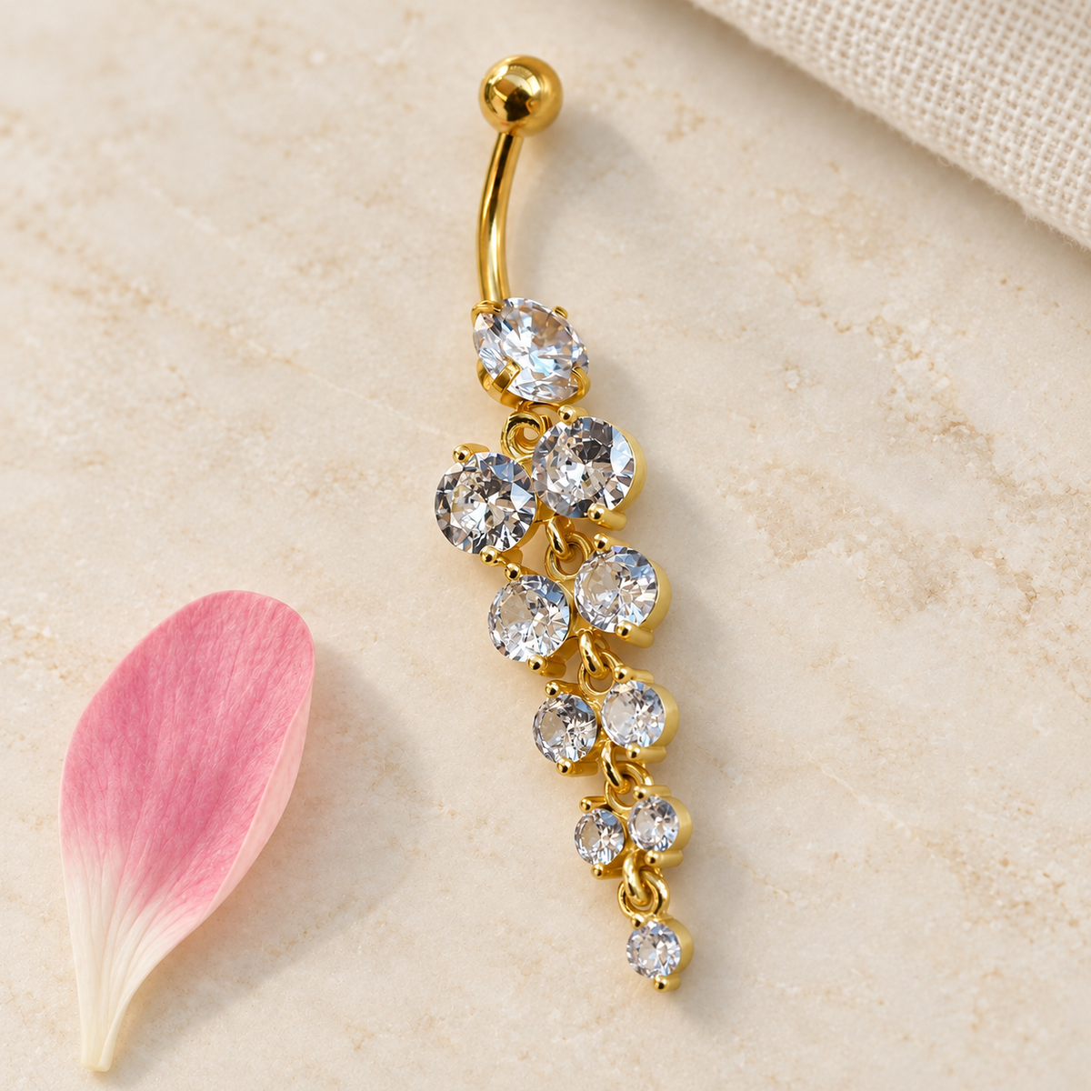 Zircon Solitaire Belly Bar, 14G, 12mm, Gold or Silver, 316L Stainless Steel, Single
