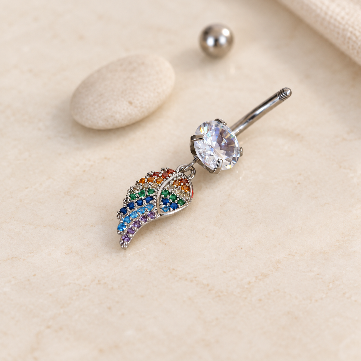 Angel Wing Belly Bar, 14G, 10mm, 316L Stainless Steel, Single
