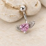 Heart Angel Wing Belly Bar, 14G, 10mm, Pink, 316L Stainless Steel, Single
