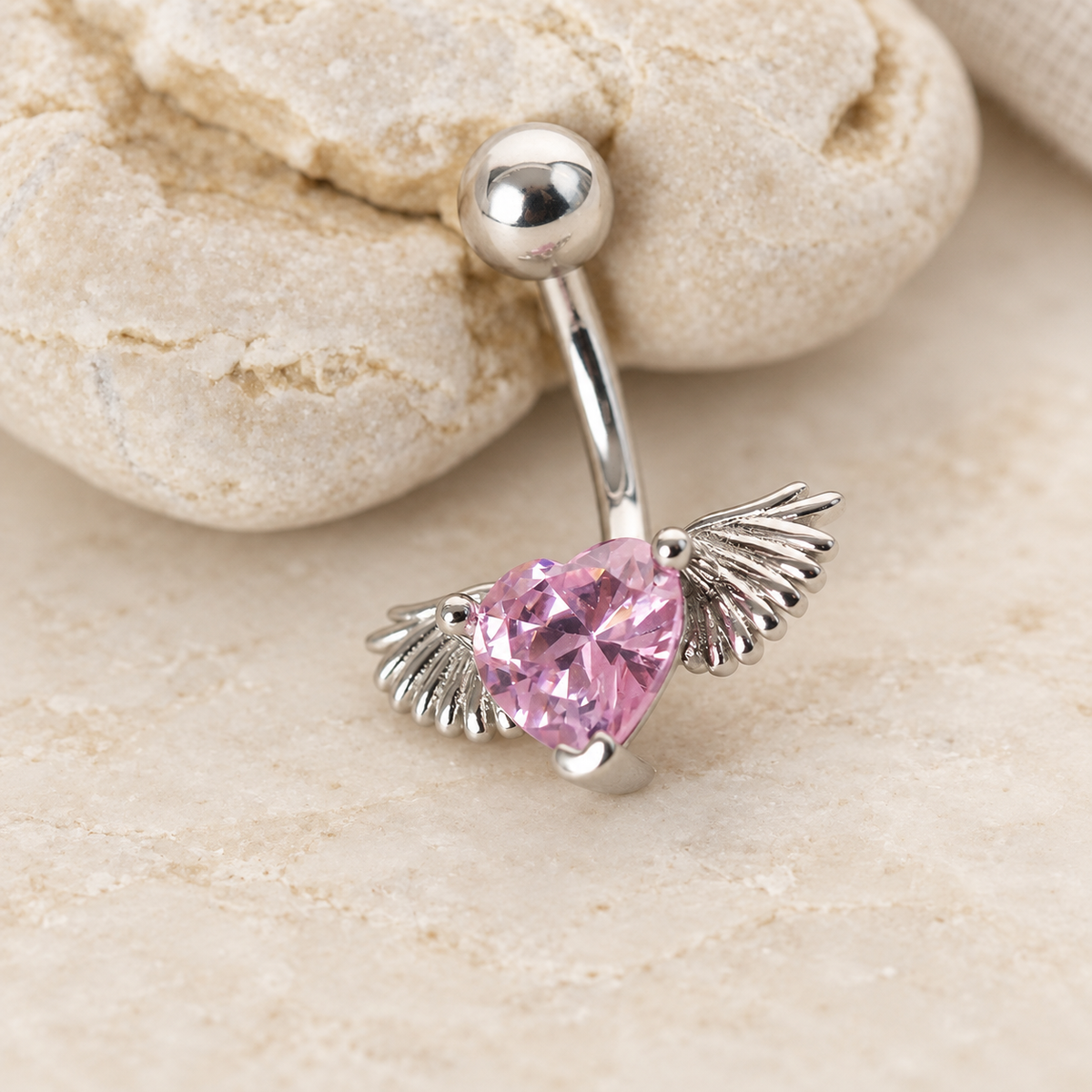 Heart Angel Wing Belly Bar, 14G, 10mm, Pink, 316L Stainless Steel, Single