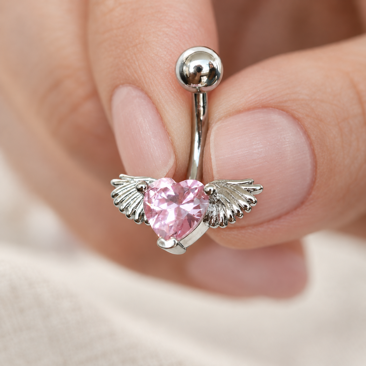 Heart Angel Wing Belly Bar, 14G, 10mm, Pink, 316L Stainless Steel, Single