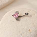 Heart Angel Wing Belly Bar, 14G, 10mm, Pink, 316L Stainless Steel, Single