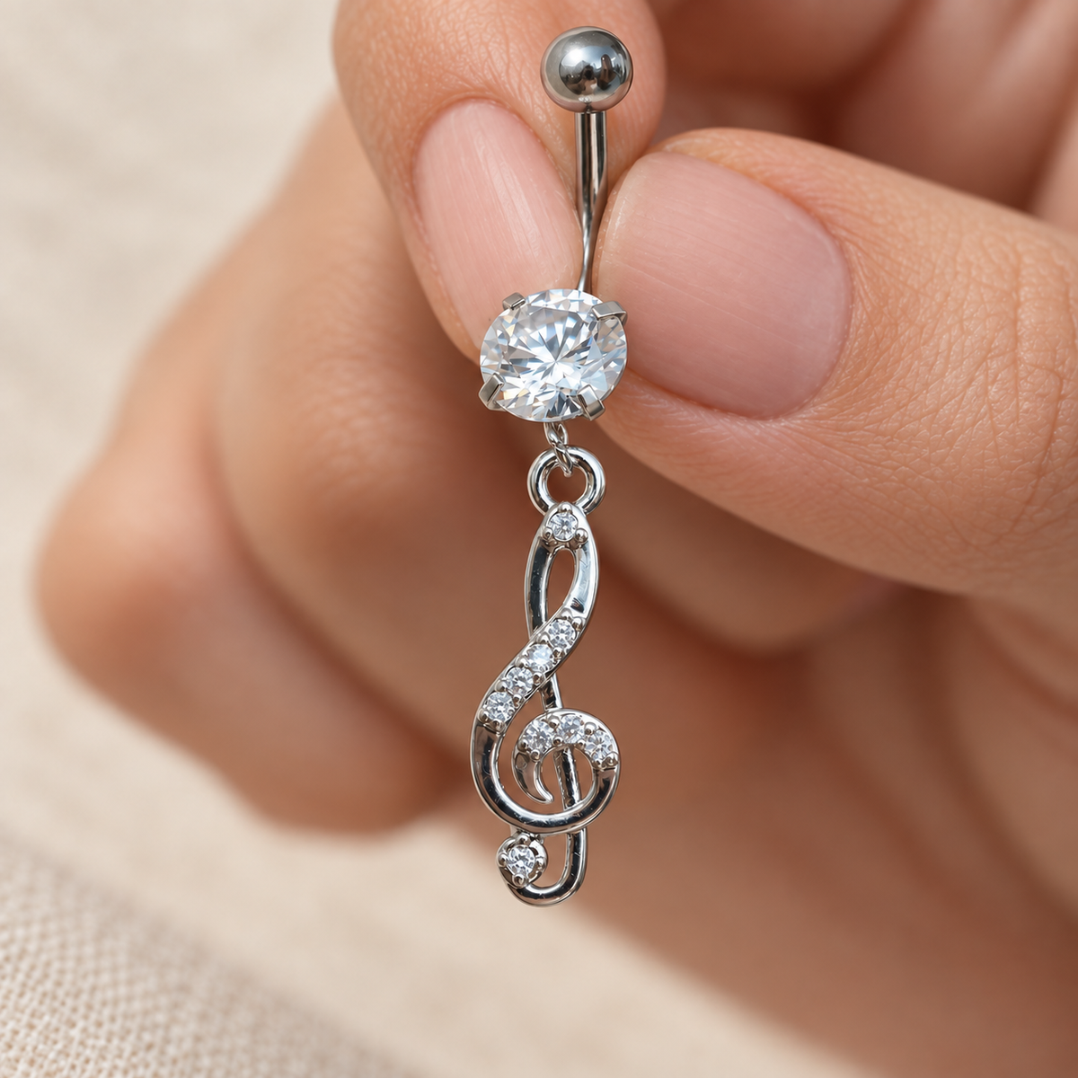 Treble Clef Dangle Belly Bar, 14G, 10mm, Silver, 316L Stainless Steel, Single