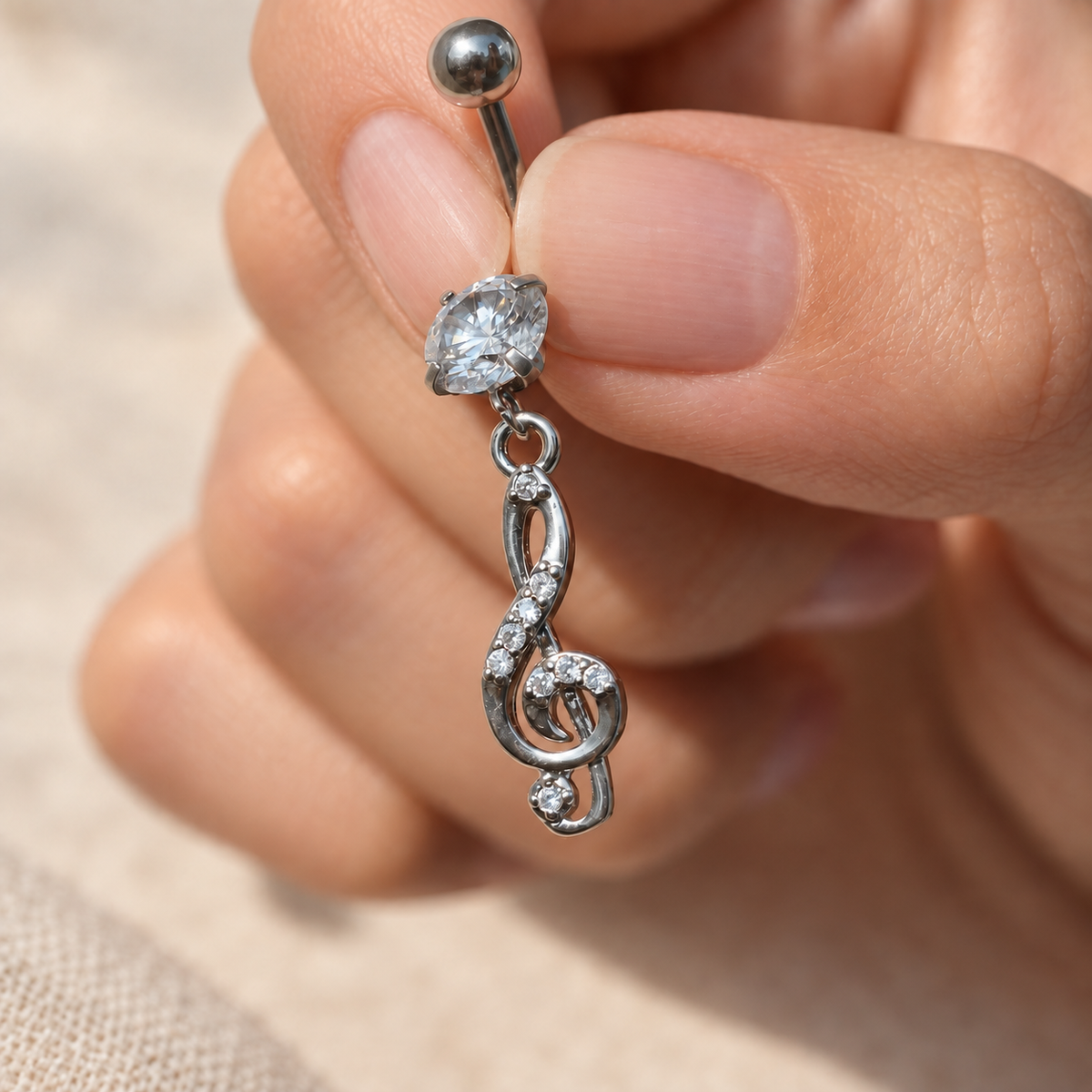 Treble Clef Dangle Belly Bar, 14G, 10mm, Silver, 316L Stainless Steel, Single