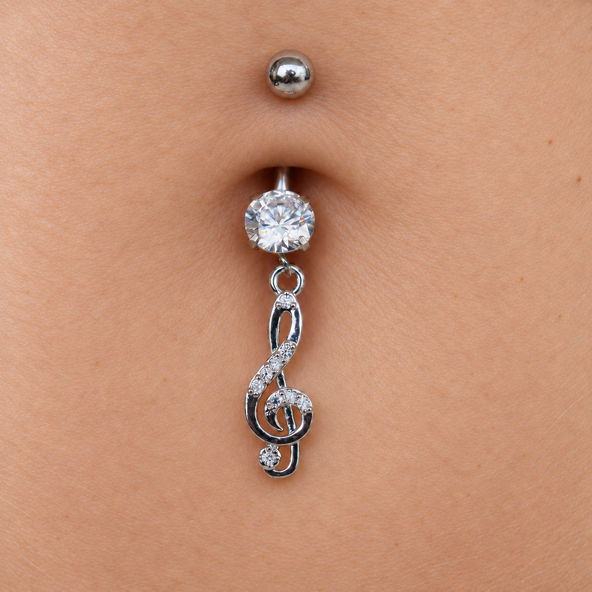 Treble Clef Dangle Belly Bar, 14G, 10mm, Silver, 316L Stainless Steel, Single