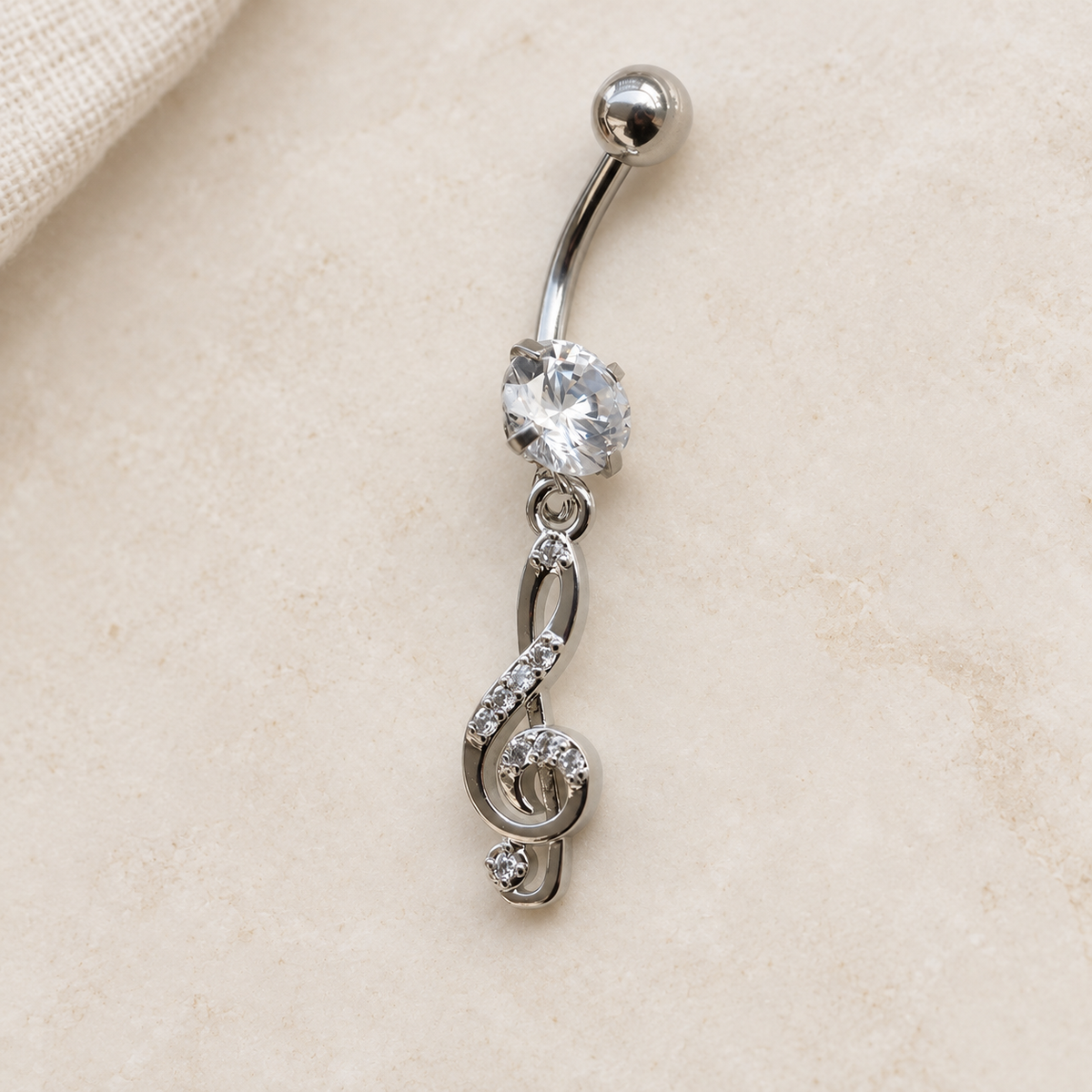 Treble Clef Dangle Belly Bar, 14G, 10mm, Silver, 316L Stainless Steel, Single