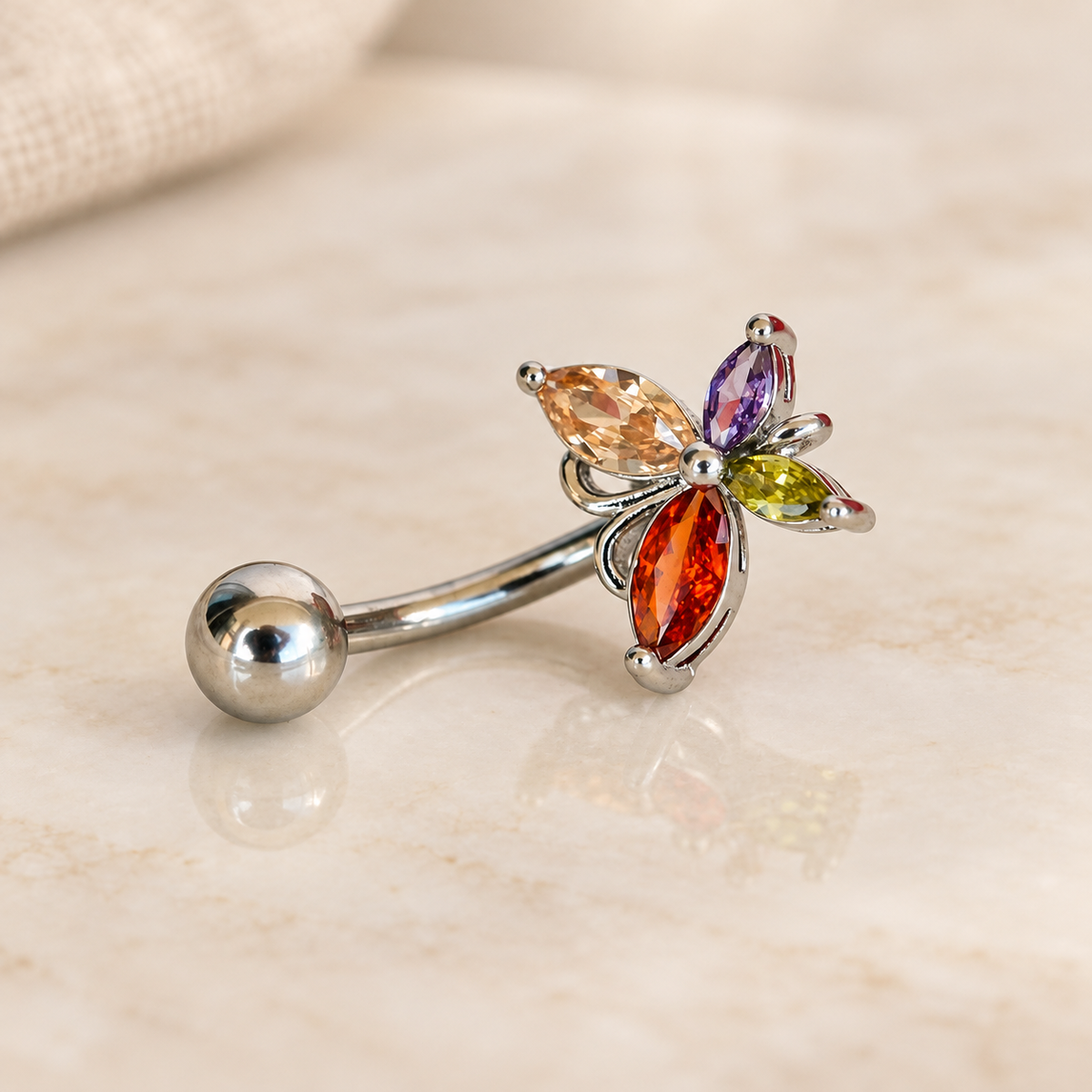 Multicolour butterfly belly bar with marquise-shaped stones