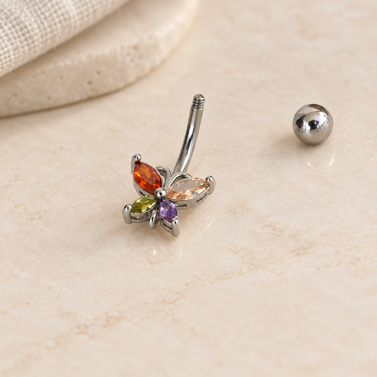 Multicolour butterfly belly bar with threaded ball removed