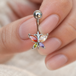 Multicolour butterfly belly bar with marquise-shaped stones