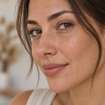 Clear nose ring retainer worn in the nostril, three-quarter view