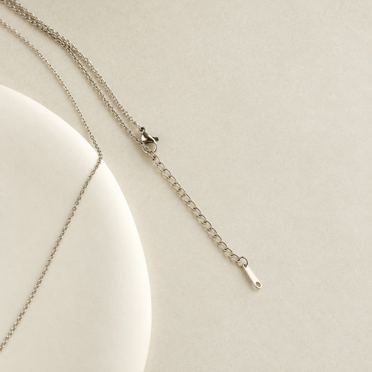 Silver lariat necklace chain clasp and extension detail