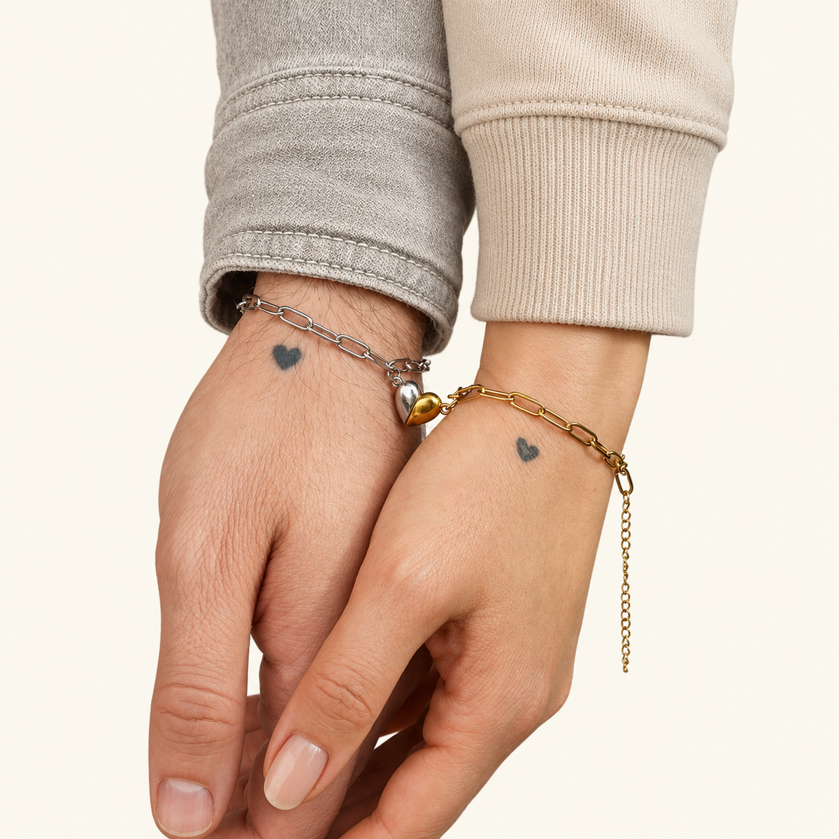 Stainless Steel Magnetic Heart Couple Bracelet Set of 2, Gold, Silver or Multicolour