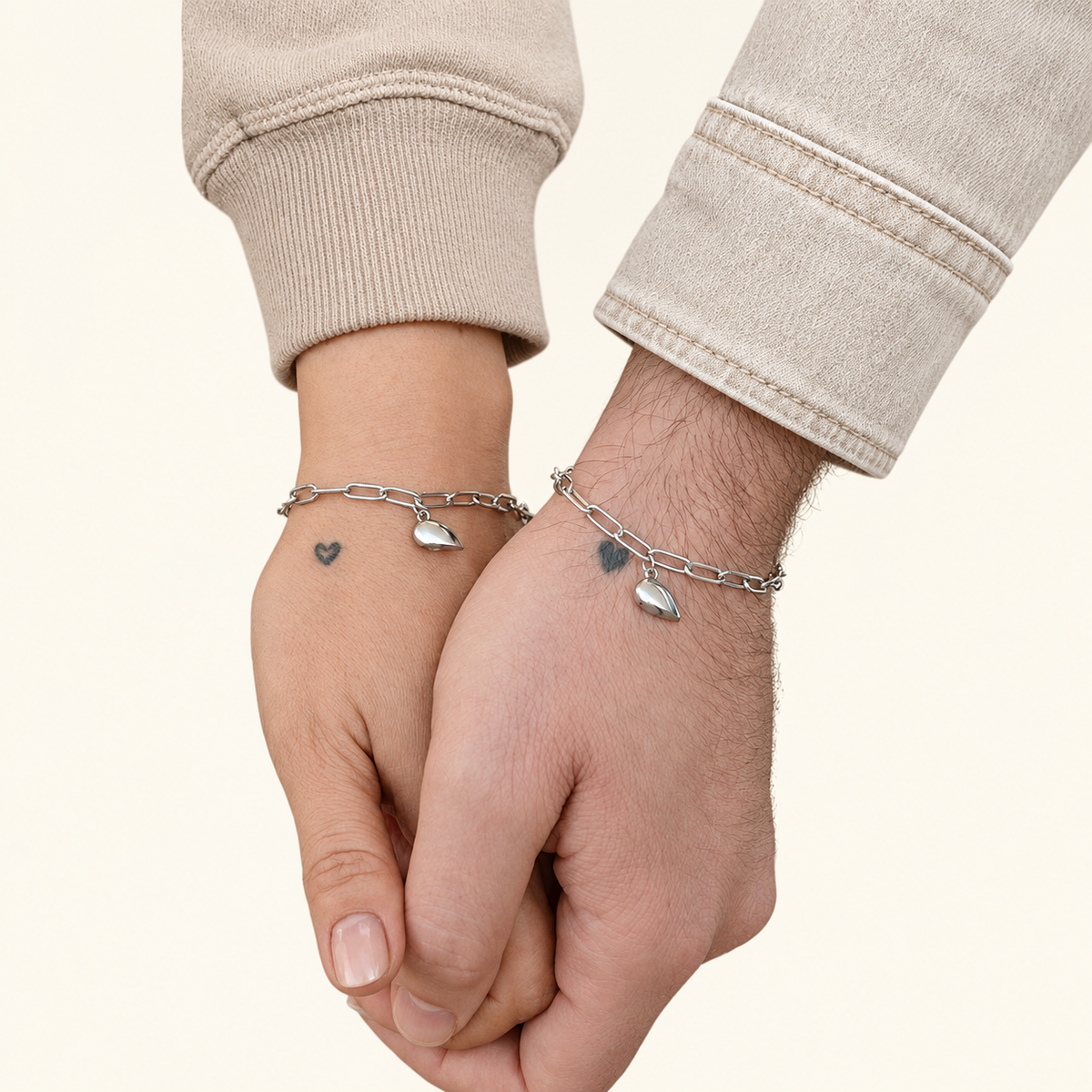Stainless Steel Magnetic Heart Couple Bracelet Set of 2, Gold, Silver or Multicolour
