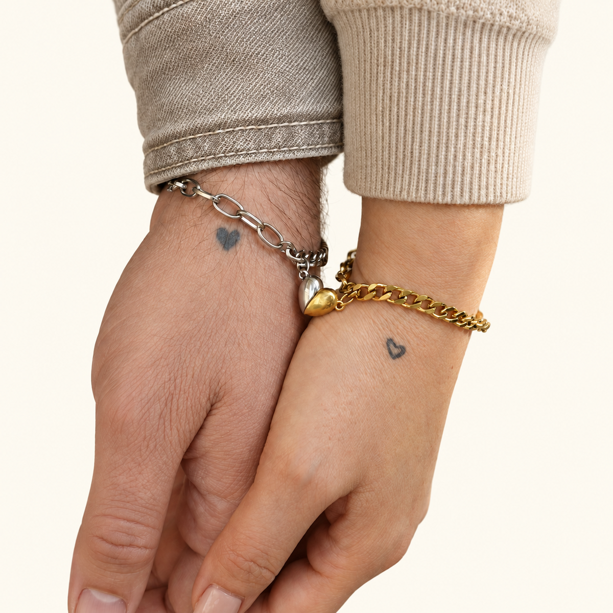 Magnetic Heart Couple Bracelet Set of 2, Gold, Silver or Multicolour