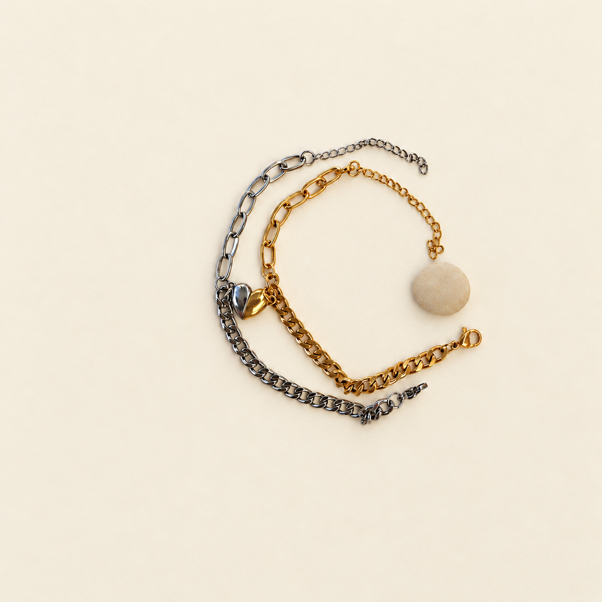 Magnetic Heart Couple Bracelet Set of 2, Gold, Silver or Multicolour