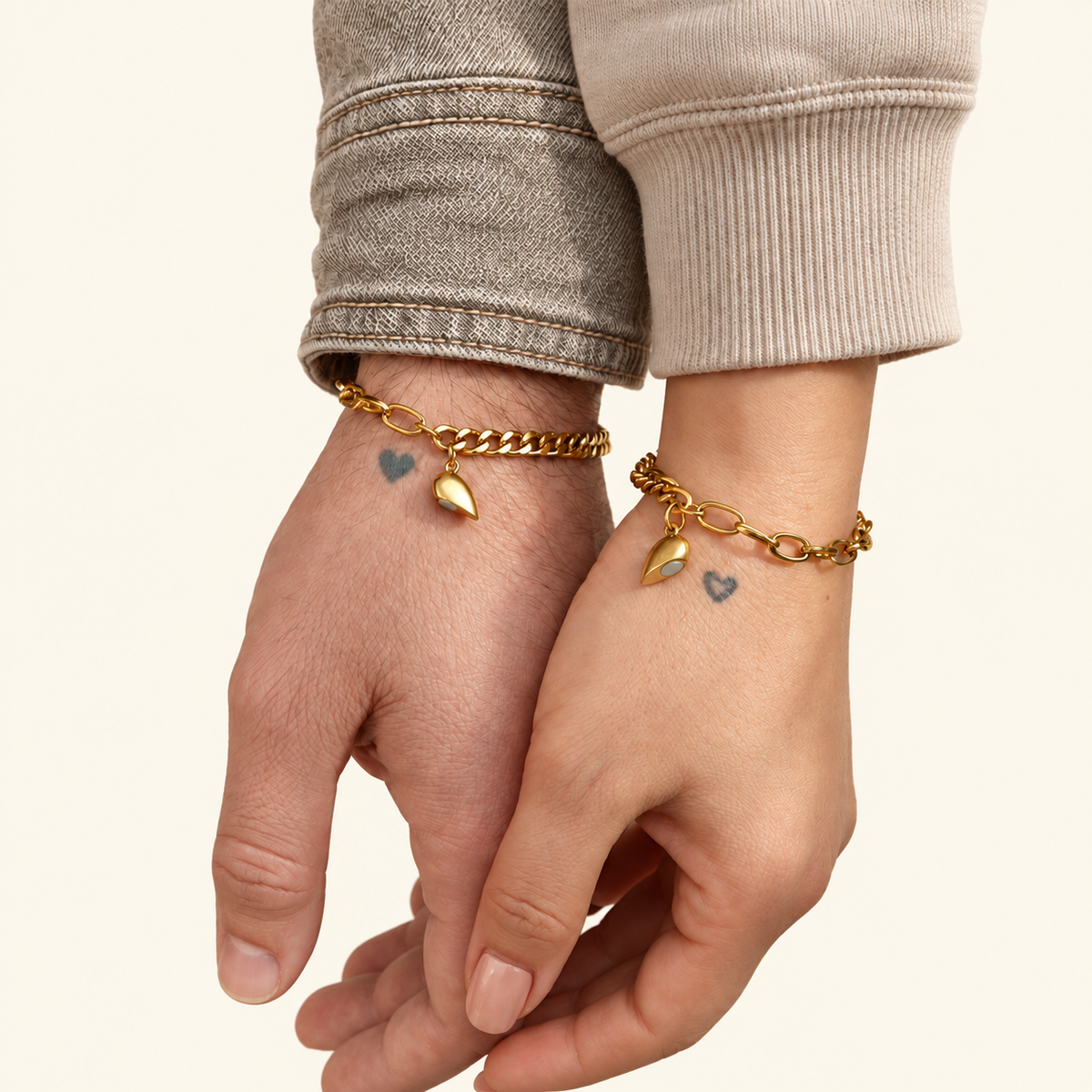 Magnetic Heart Couple Bracelet Set of 2, Gold, Silver or Multicolour