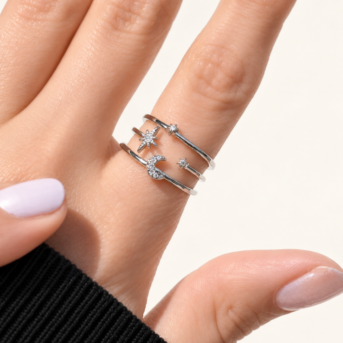 Star Moon Adjustable Ring in Gold or Silver, Zircon Knuckle Ring, Single