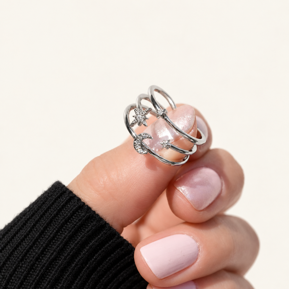 Star Moon Adjustable Ring in Gold or Silver, Zircon Knuckle Ring, Single