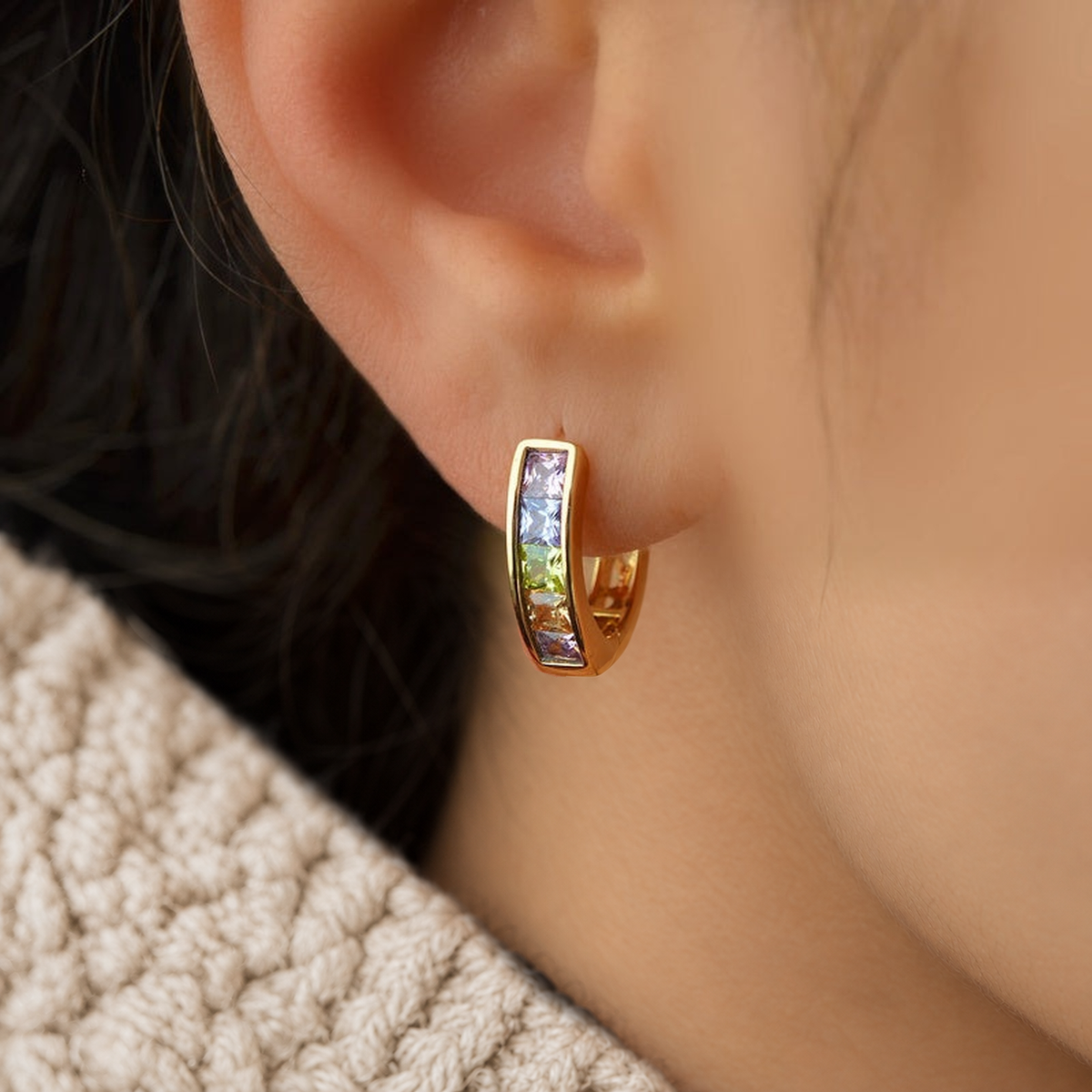 Curved Zircon Hoop Earrings, 12mm, Multicolour, Pair