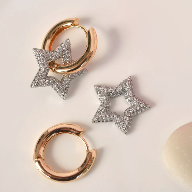 Star Hoop Earrings, Gold, Pair
