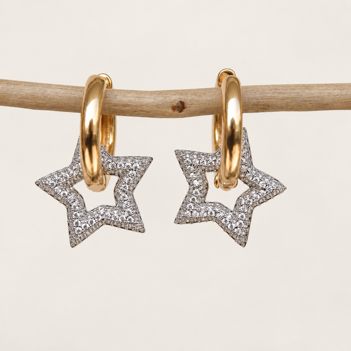 Star Hoop Earrings, Gold, Pair