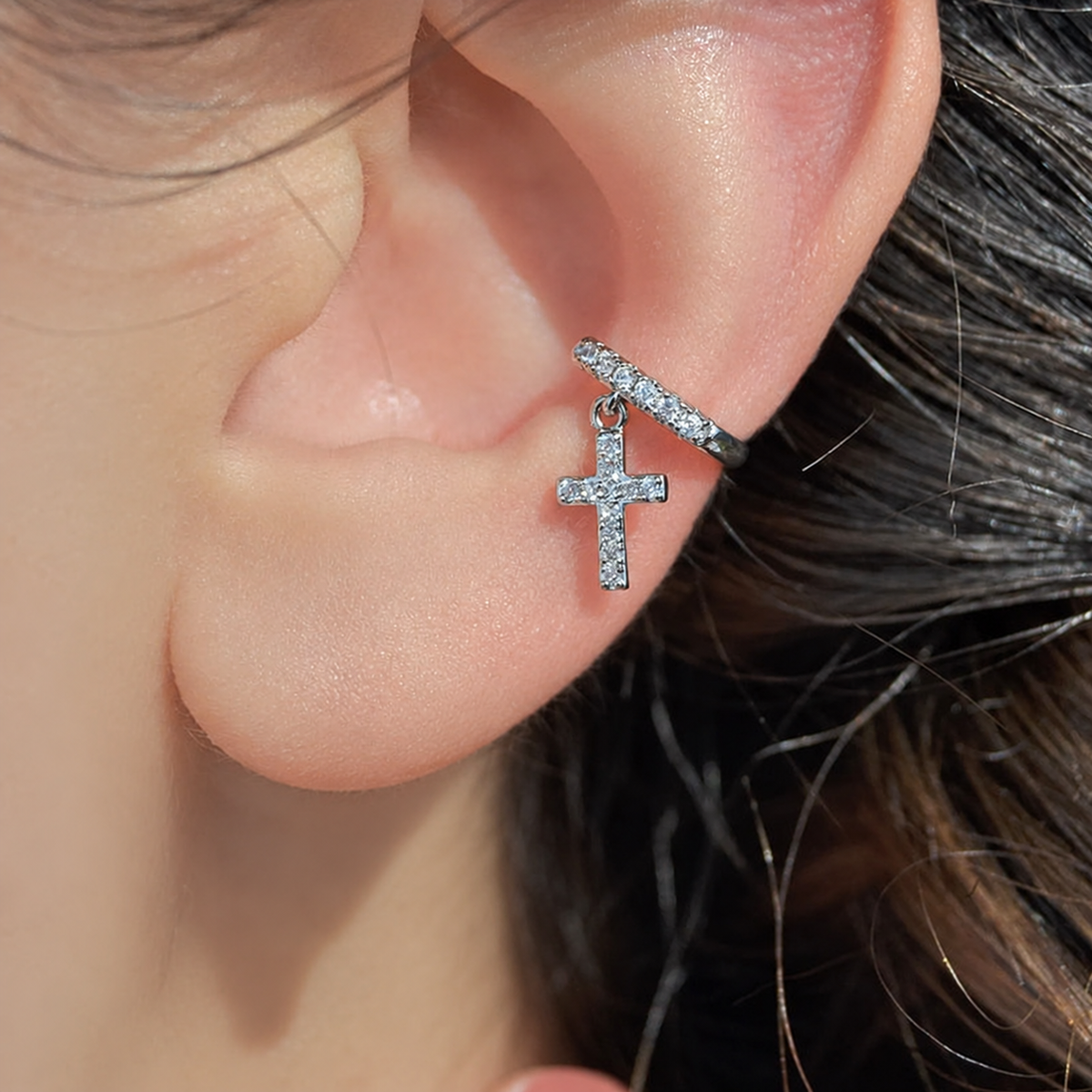 Cross Dangle Ear Cuff, Gold, Single