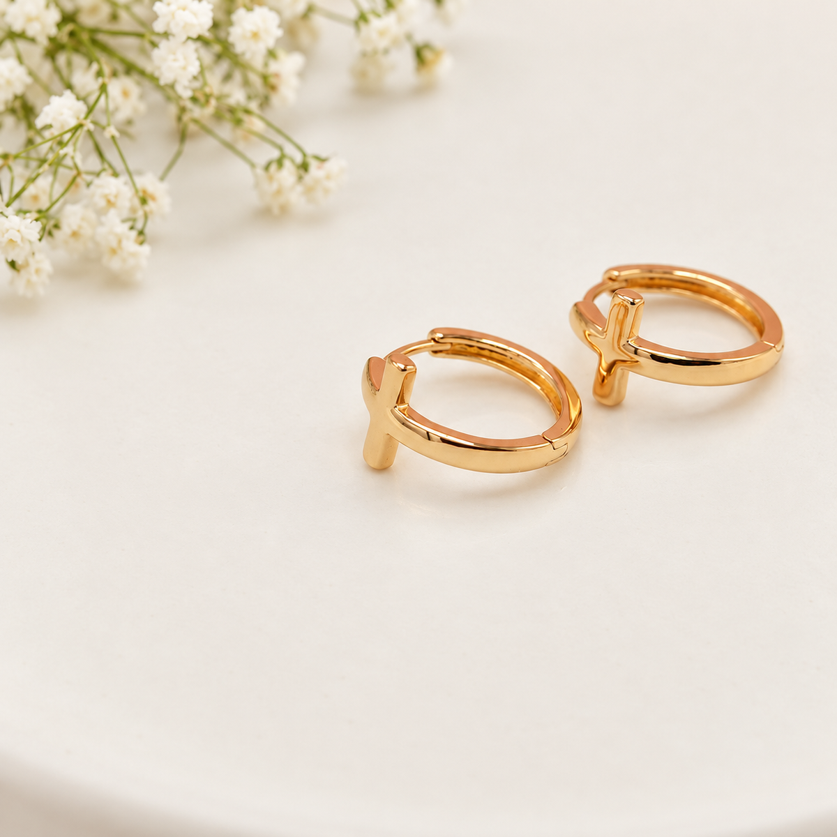 Cross Hoop and Stud Earrings, Gold, Pair