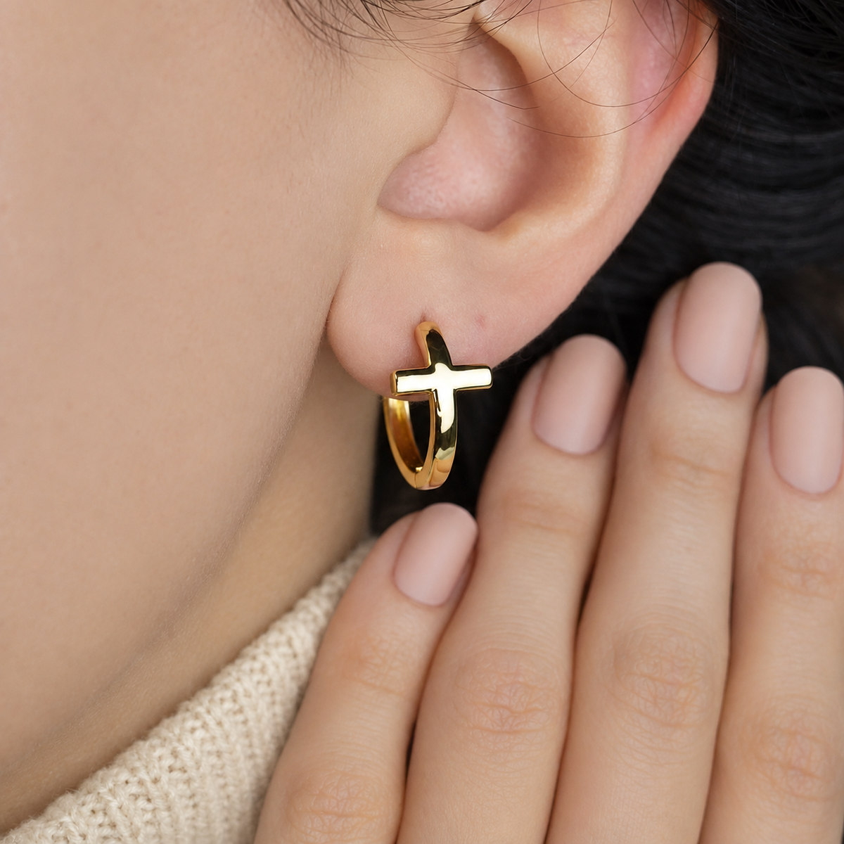 Cross Hoop and Stud Earrings, Gold, Pair