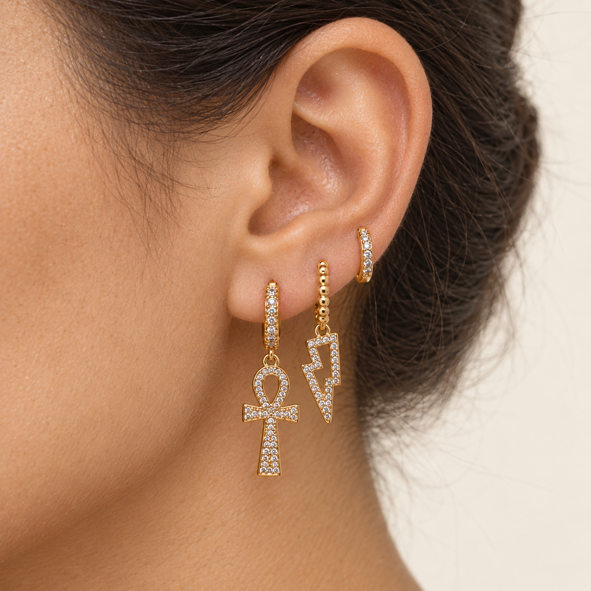 Lightning Bolt, Cross and Flower Earring Set, Gold, Set of 3