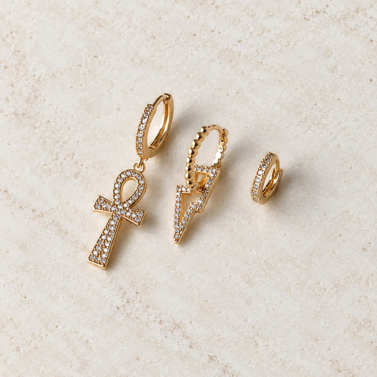 Lightning Bolt, Cross and Flower Earring Set, Gold, Set of 3